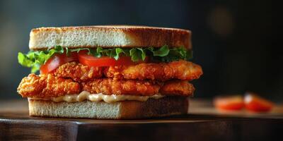 Delicious fried chicken sandwich with fresh vegetables served on toasted bread photo