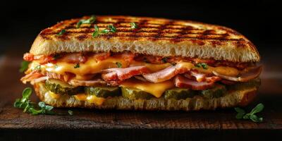 Deliciously grilled sandwich loaded with cheese, pickles, and ham on a rustic wooden board photo