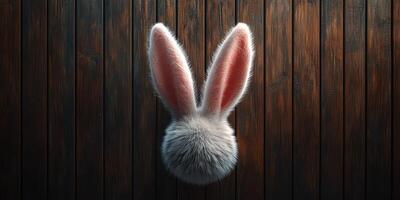 Fuzzy rabbit ears with a soft tail displayed on a rustic wooden background photo