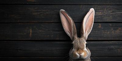 Cute rabbit with big ears sits against a dark wooden background in a cozy indoor setting photo