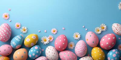 Colorful decorated Easter eggs with flowers on a blue background for spring celebrations and festivities photo