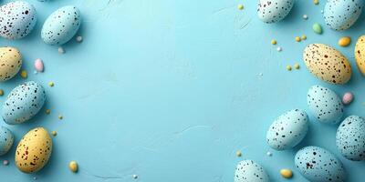 Colorful Easter eggs scattered on a light blue surface create a festive spring atmosphere photo