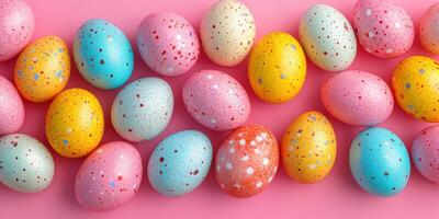Colorful decorated eggs for spring celebration display on bright pink background photo