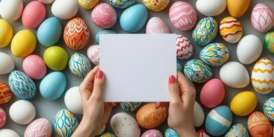 Creative decoration of colorful Easter eggs on a table with space for a message and hands holding a blank card photo