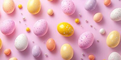 Colorful decorative eggs on a pastel pink backdrop create a festive atmosphere for spring celebrations and Easter festivities photo