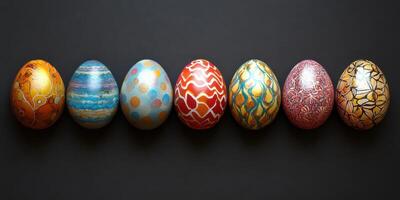 Colorful decorated eggs arranged in a line for a spring celebration photo