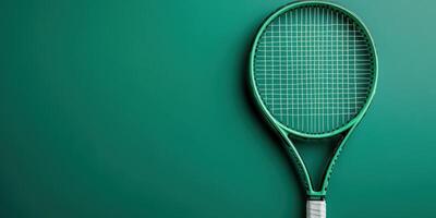 Green tennis racket against smooth teal background for sports enthusiasts and players photo