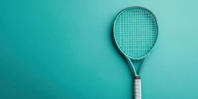 Tennis racket against a turquoise background showcasing modern design and vibrant color photo