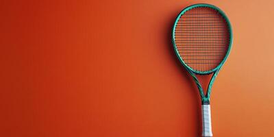 Tennis racket on vibrant orange background highlighting sport equipment for enthusiasts and players photo
