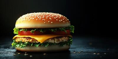 Delicious cheeseburger with fresh vegetables on a dark background highlighting its appetizing features photo