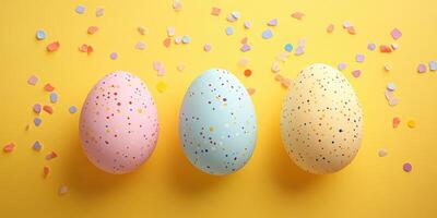 Brightly colored decorated eggs with confetti on a yellow background creating a festive atmosphere for spring celebrations photo