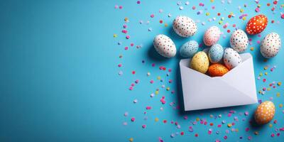 Colorful Easter eggs and confetti scattered around an envelope on a bright blue background photo