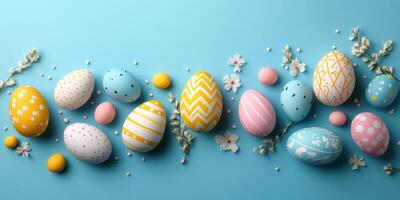 Colorful decorated eggs arranged on a blue background for Easter celebration showcasing vibrant patterns and flowers photo