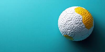 Colorful soccer ball resting on a teal surface highlights design and texture at midday photo