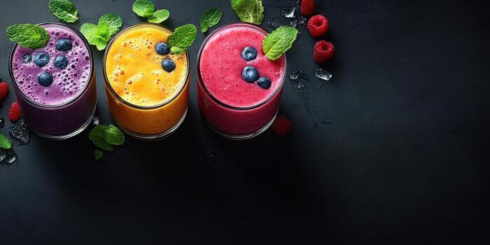 Colorful fruit smoothies displayed on a dark surface with fresh berries and mint leaves in vibrant summer setting photo
