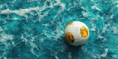 Soccer ball resting on a vibrant ocean surface with waves splashing around during midday sunlight photo