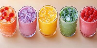 Colorful fruit smoothies displayed in tall glasses on a soft wooden surface photo