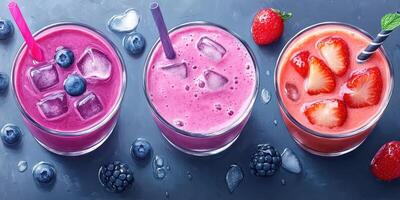 Bright and refreshing fruit smoothies in colorful glasses with straws and berries on a dark table during summer photo