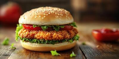 Crispy chicken burger on a wooden table with fresh toppings and sesame seed bun photo