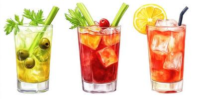 Colorful cocktails with garnishes displayed on a bright surface showcasing refreshing summer beverages photo