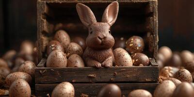 Cute bunny figurine surrounded by decorative eggs in a wooden box for festive decoration photo