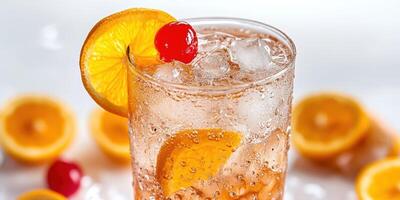 Refreshing drink served with ice, lemon slices, and a cherry on top at a summer gathering photo