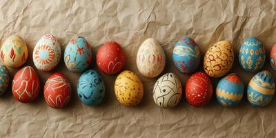 Colorful hand-painted Easter eggs arranged in a decorative line on textured paper photo