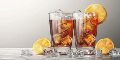 Refreshing iced tea served with lemon slices and ice cubes on a smooth surface in a serene setting photo