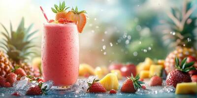 Refreshing fruit smoothie with strawberries and pineapples in a vibrant setting during sunny day photo