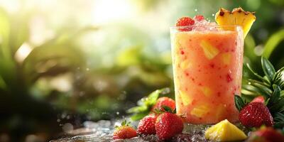 Refreshing tropical smoothie with strawberries and pineapple in a vibrant garden setting photo