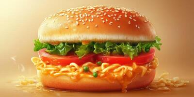 Flavorful sesame bun with fresh vegetables and creamy sauce served in a warm ambiance photo