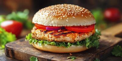 Delicious grilled chicken burger with fresh toppings served on a wooden board photo