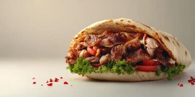 Deliciously prepared wrap filled with grilled meat, fresh vegetables, and flavorful sauce in a cozy setting photo