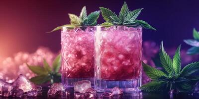 Refreshing cocktails served in chilled glasses with mint leaves on a vibrant background photo