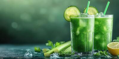 Refreshing green drinks with cucumber and celery on a dark background during a summer afternoon gathering photo