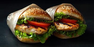 Delicious grilled chicken burgers with fresh toppings served in sesame seed buns photo