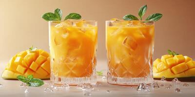 Refreshing mango drinks served in chilled glasses with fresh mint and ice on a smooth surface photo