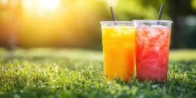 Refreshing summer beverages in clear cups on a grassy field during golden hour photo