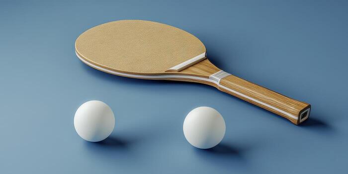 Table tennis racket and two white balls arranged neatly on a blue surface photo