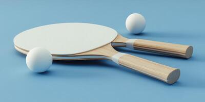 Table tennis paddles and balls arranged on a light blue background for an indoor activity setting photo