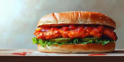 Juicy chicken sandwich with fresh lettuce and pickles, topped with tasty ketchup on a sesame seed bun photo