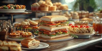 Delicious assortment of sandwiches and pastries displayed on a wooden table in a cozy cafe setting photo