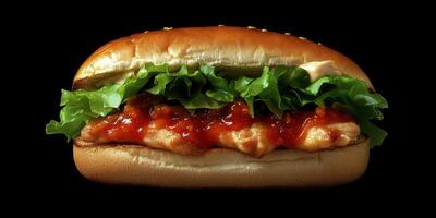 Tasty sandwich with grilled chicken, fresh lettuce, and savory sauce on a sesame seed bun in a minimalist setting photo