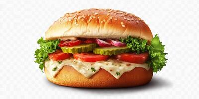 Delicious sesame seed bun sandwich loaded with fresh vegetables, cheese, and savory sauces captured in a bright setting photo