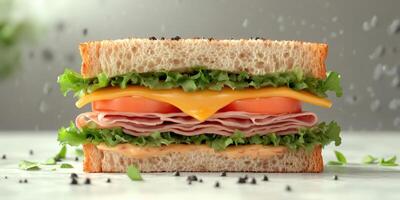 Freshly made sandwich with layers of vegetables, cheese, and meats against a blurred background photo