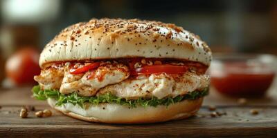 Delicious grilled chicken sandwich with fresh vegetables and spices served on a wooden table photo