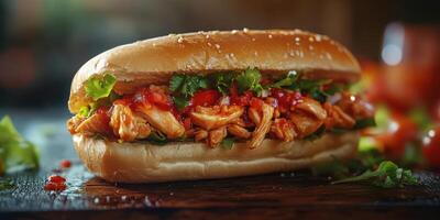 Juicy chicken sandwich filled with fresh toppings on a wooden table at a cozy diner photo