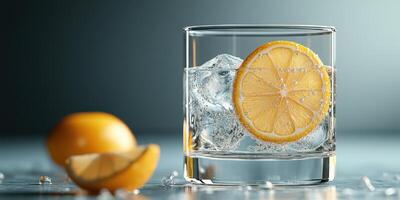 Refreshing lemonade with ice and lemon slice in a glass on a cool surface photo