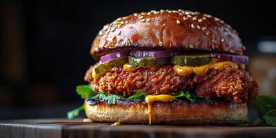 Juicy fried chicken sandwich with melted cheese and fresh toppings served on a sesame bun photo