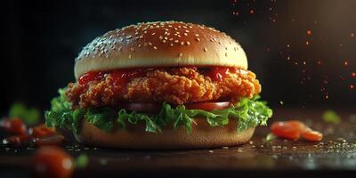 Crispy fried chicken sandwich with fresh toppings set against a dark background photo